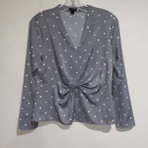 EUC Ann Taylor Charcoal Polka Dot Twist Blouse w/Long Sleeves V Neck LOVELY - Picture 13 of 14